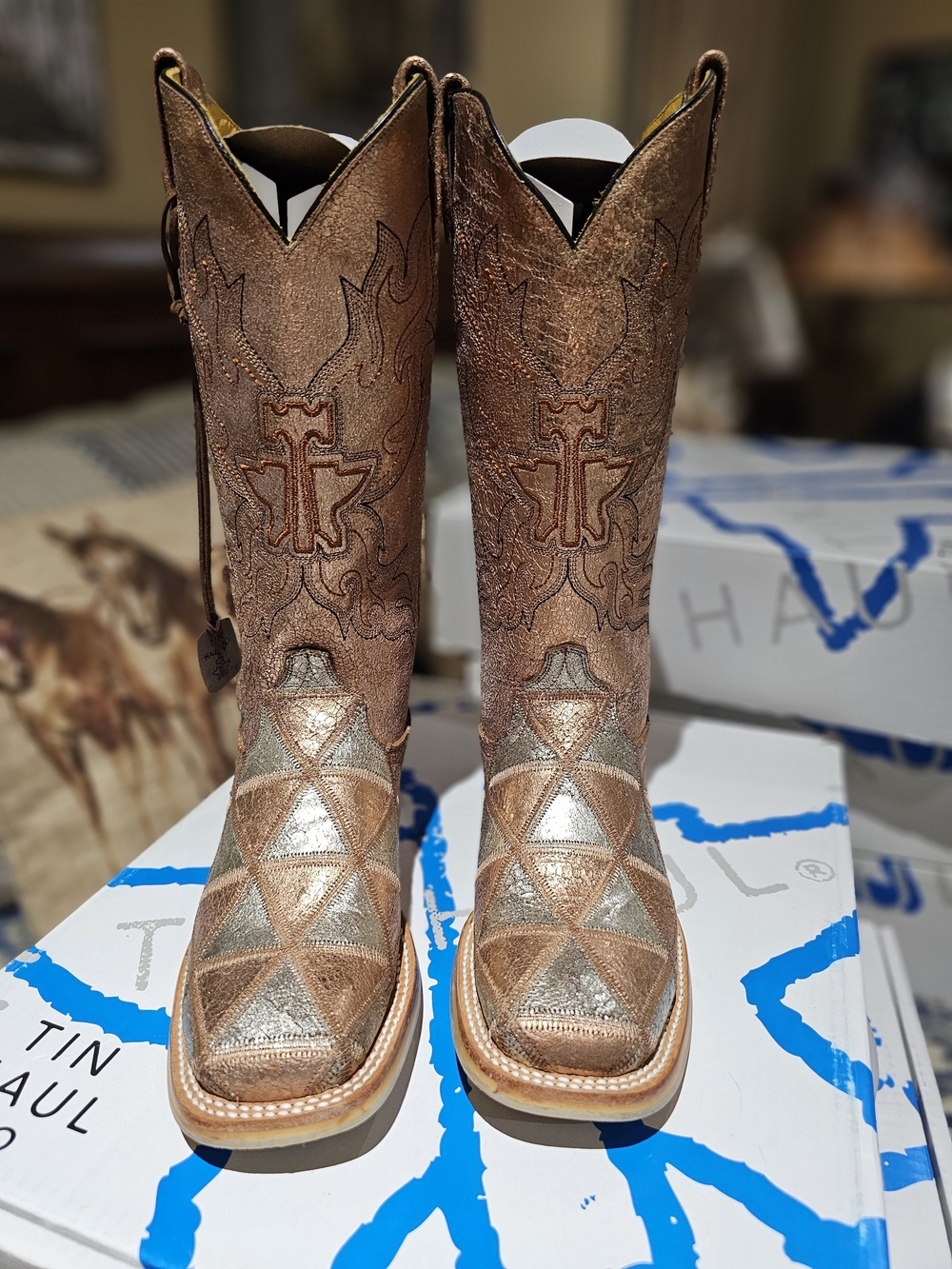 Womens Tin Haul 'Mish And Mash' Metallic Copper and Silver Western Boots, NIB